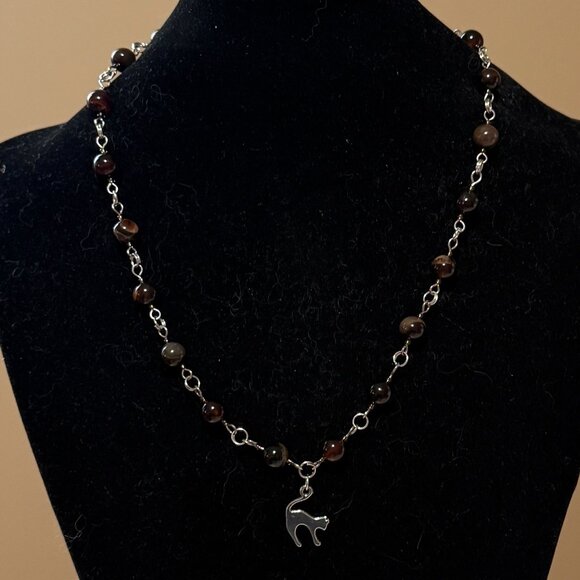 Genuine Dark Brown Agate Necklace, Natural Gemstone & Cute Slim Cat Pendant - Picture 3 of 15